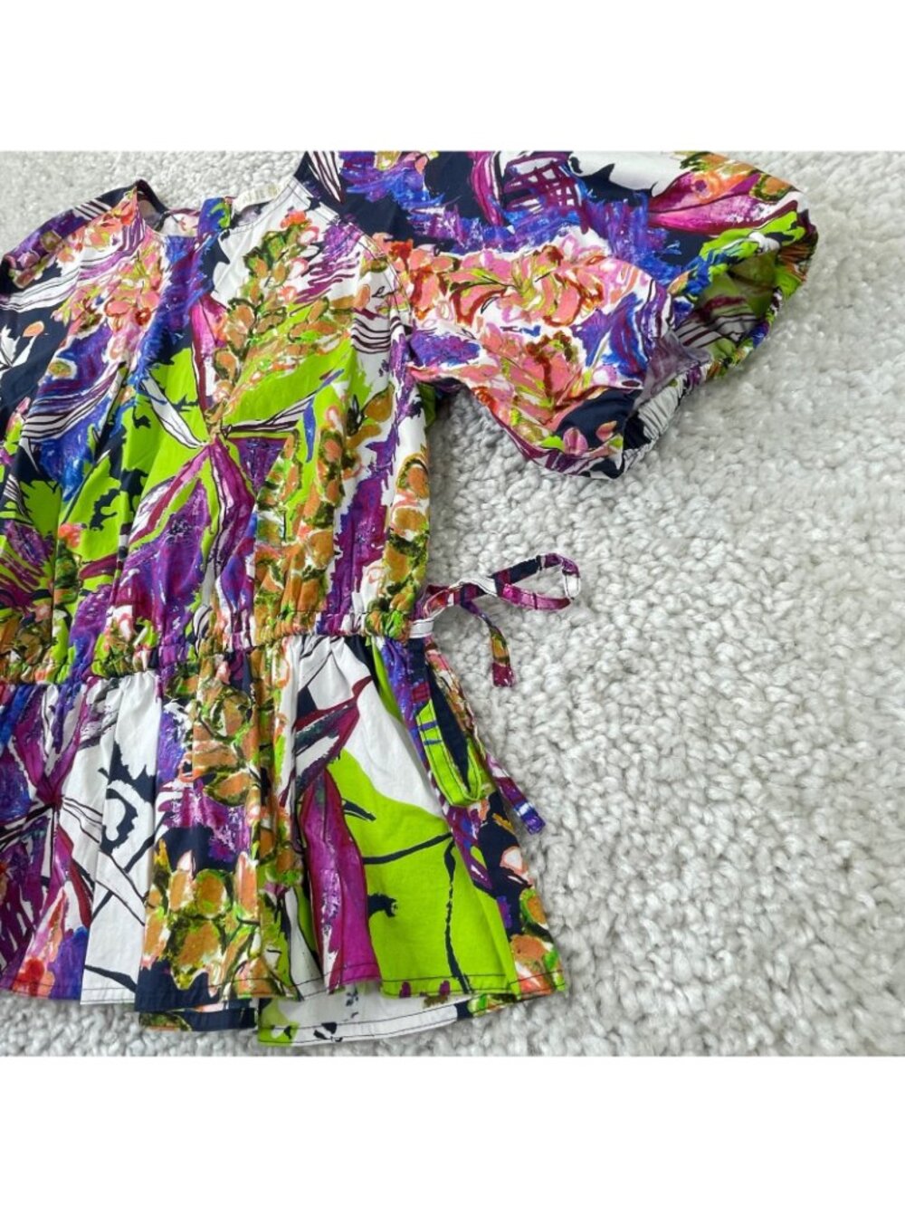 Marie Oliver Floral Green Purple Abstract Puff Sleeve Blouse Womens Small - Picture 4 of 7